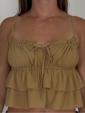 Wild Fable Tan Ruffle Crop Tank | Cottagecore Babydoll Tie Front Top